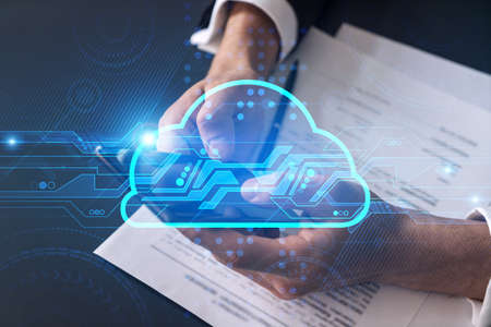 Businessman search for information using phone. Cloud icon hologram.