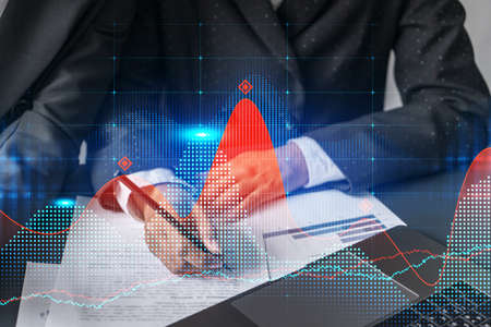 Multiexposure of woman taking notes and financial chart. Success concept. Formal wear.