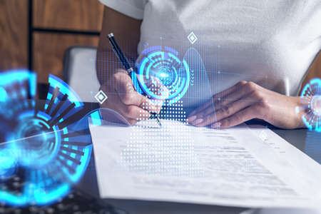 Multi exposure of woman signing a contract and high tech project background. Technology hologram....