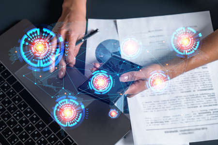 Planet earth world map hologram and a woman signing contract use phone. Multiexposure.
