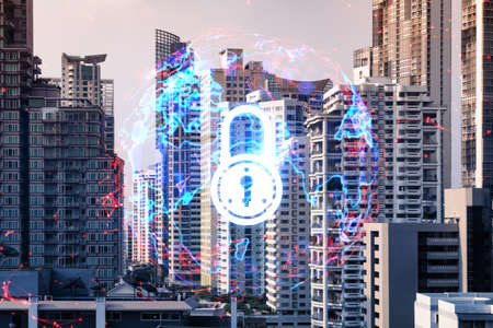 Padlock icon hologram over panorama city view of Bangkok to protect business in Asia. The concept of...
