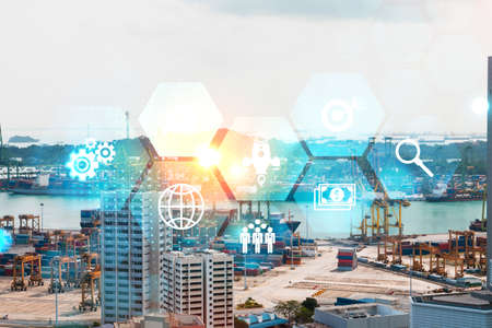 Research and development hologram over panorama city view of Singapore, hub of new technologies to...