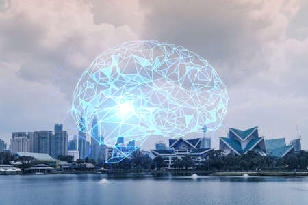 Brain hologram over panorama city view of Kuala Lumpur. KL is the largest science hub in Malaysia, Asia. The concept of developing coding and high-tech science. Double exposure.の写真素材