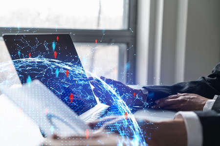 Man and woman working together on social media project. Blue infographic of people network hologram....