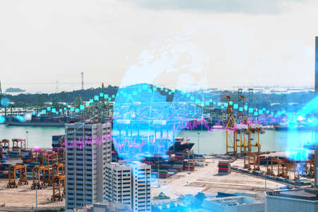 Forex and stock market chart hologram over panorama city view of Singapore, the financial center in...