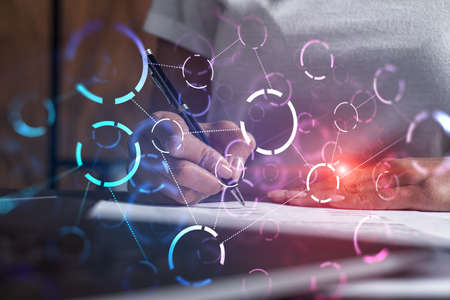 Woman signs contract with abstract network hologram. Double exposure.