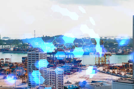Abstract technology icons hologram over panorama city view of Singapore, Asia. The concept of people...