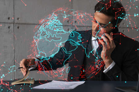 Man office use talk phone research world map earth international drawing concept. Double exposure.の写真素材