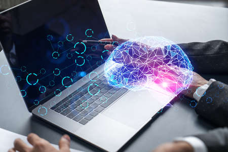 Two business people working together on IT project. Brainstorm concept. brain hologram. Double...