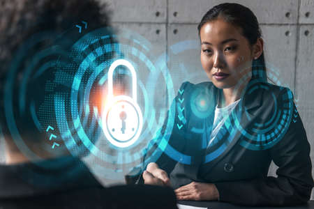 Two woman handshake. Education protection of data hologram. Multi exposure. International business.