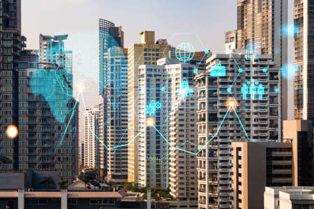 Research and development hologram over panorama city view of Bangkok, hub of new technologies to optimize business in Asia. Concept of exceeding opportunities. Double exposure.の写真素材