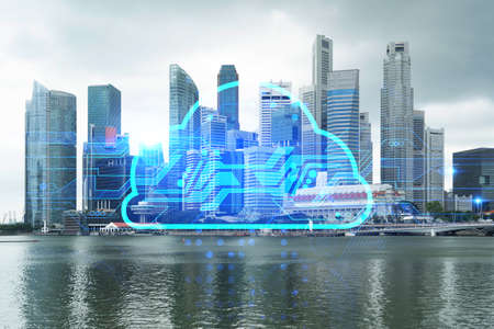 Storage cloud hologram over panorama city view of Singapore, tech hub in Asia. The concept of...