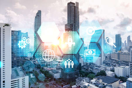 Research and development hologram over panorama city view of Bangkok, hub of new technologies to...