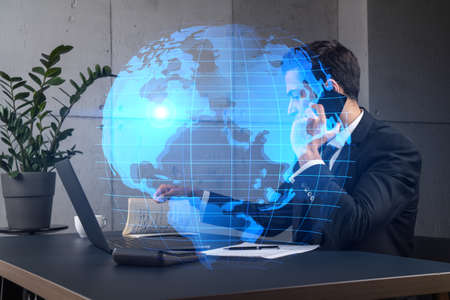 Man office use talk phone research world map earth international drawing concept. Double exposure.