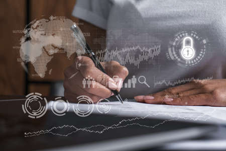 Woman signs agreement. Business icon hologram. Double exposure .の写真素材