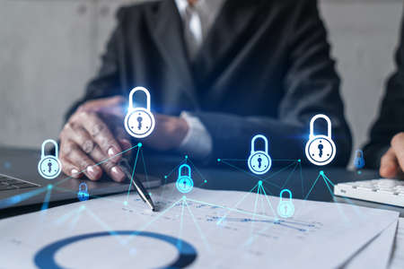 Man and woman working together on securitization of information of project. Blue icon infographic...