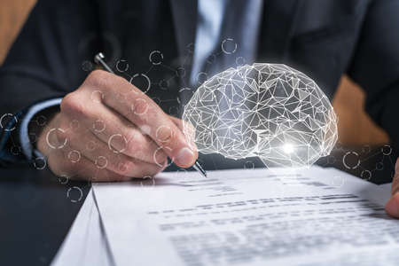 Businessman in suit signs contract. Double exposure with brain hologram. New partnership in it...