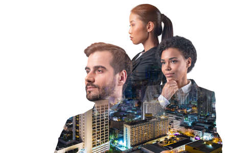 Double exposure of three young, successful, business people, man and woman, standing in front of...