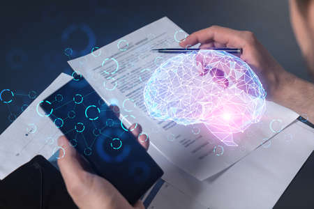 Double exposure of man signing contract with phone and brain hologram drawings. Concept of big data.