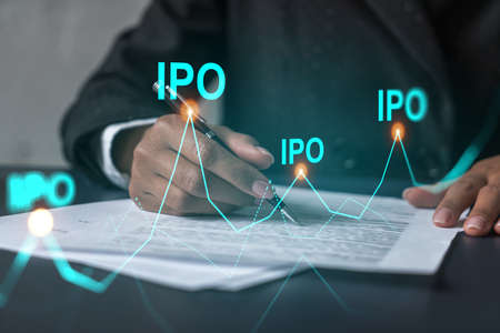 Woman signs agreement. IPO icon hologram. Double exposure . investment concept.