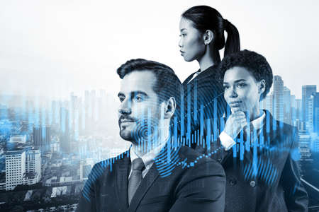 Group of business colleagues in suits as a part of multinational corporate team working on...