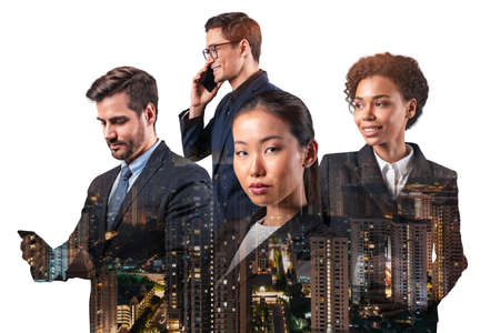 Double exposure of four young, successful, business people standing in front of Asian city Kuala...
