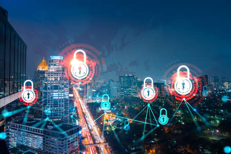 Glowing Padlock hologram, night panoramic city view of Bangkok, Asia. The concept of cyber security to protect companies. Double exposure.の写真素材