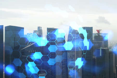 Abstract technology icons hologram over panorama city view of Singapore, Asia. The concept of people...