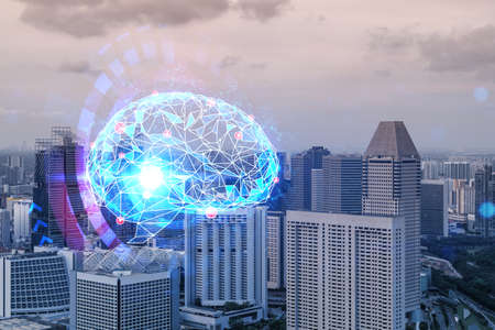Glowing human brain hologram, aerial panoramic cityscape of Singapore at sunset. The center of...