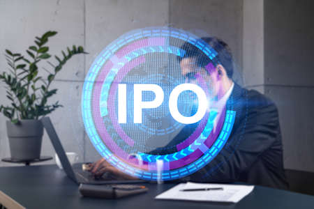 Businessman in office working with laptop technology online ipo, typing computer assemble data drawing invest concept. Double exposure.の写真素材