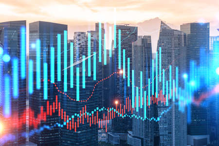 Glowing FOREX graph hologram, aerial panoramic cityscape of Singapore at sunset. Stock and bond...