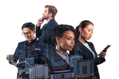 Double exposure of four young, successful, business people standing in front of Asian city Kuala...
