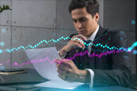 Man in office think and dream datum financial service forex graph and chart technology drawing...