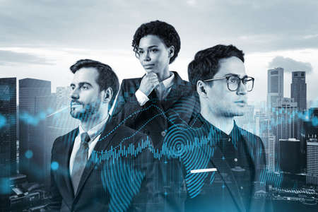 Group of business colleagues working on new venture capital and hi-tech start up and try to forecast risks and estimate prospective earning growth. Hologram chart on Singapore background.の写真素材