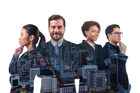Double exposure of four young, successful, business people standing in front of Asian city Kuala Lumpur background. Concept of international team work together. Night time.の写真素材