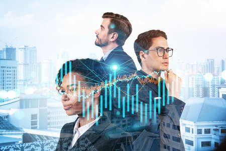 Group of business colleagues in suits as a part of multinational corporate team working on forecasting trading corporate strategy at fund. Forex chart. Kuala Lumpur on background. Double exposureの写真素材