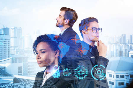 Group of business colleagues as a part of multinational corporate team working on project to protect...