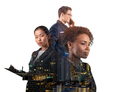 Double exposure of three young, successful, business people, man and woman, standing in front of Asian city Bangkok background. Concept of hard work and study. Modern life way. Night time.の写真素材