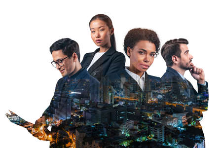 Double exposure of four young, successful, business people standing in front of Asian city Bangkok...