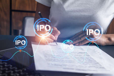 Woman signs agreement. IPO icon hologram. Double exposure . investment concept.