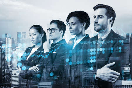 Group of business colleagues in suits as a part of multinational corporate team working on...