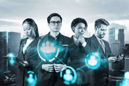 Group of SMM specialists working on social media marketing strategy to achieve business goals....
