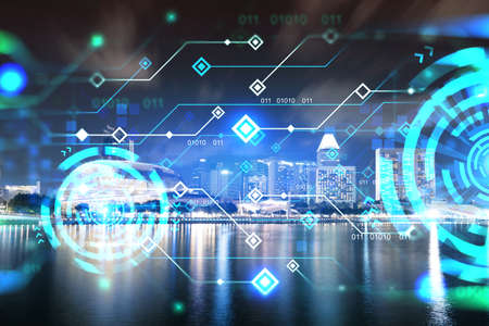 Information flow hologram, night panorama city view of Singapore. The largest technological center...
