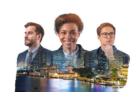 Double exposure of three young, successful, business people, man and woman, standing in front of...