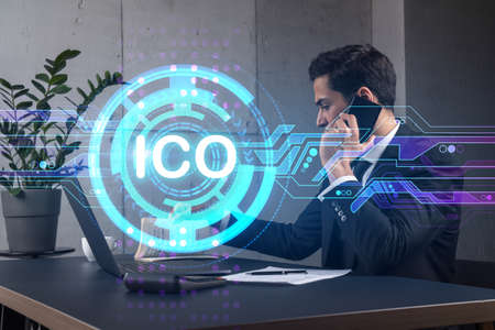 Man office use talk phone ico blockchain drawing concept. Double exposure.の写真素材
