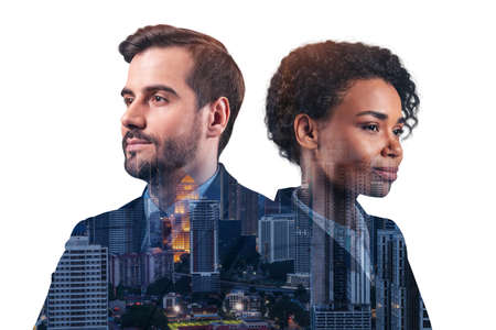 Double exposure of two young, successful, business people, man and woman, standing in front of Asian...