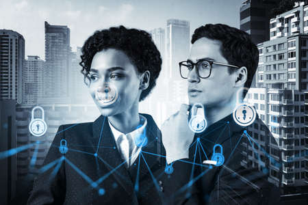 Two colleagues in multinational corporate team thinking about career opportunities at cybersecurity...