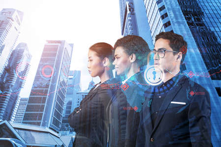 Group of business colleagues as a part of multinational corporate team working on project to protect clients information at cybersecurity compliance division. IT lock icons over Singaporeの写真素材