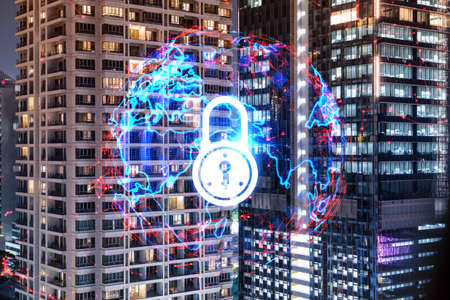 Glowing Padlock hologram, night panoramic city view of Bangkok, Asia. The concept of cyber security...