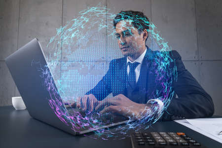 Businessman in office working with laptop, world map planet earth hologram, typing computer. Double...